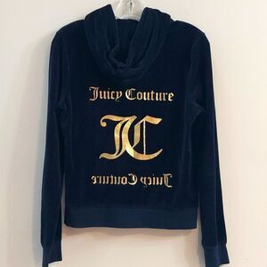 Juicy Couture Navy Velour Zipper Hoodie Gold Graphic On Back Sz M